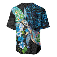 Hawaiian Couple Turtles Honi Baseball Jersey Polynesian Art Motifs and Hibiscus Black Blue Color LT03 - Polynesian Pride