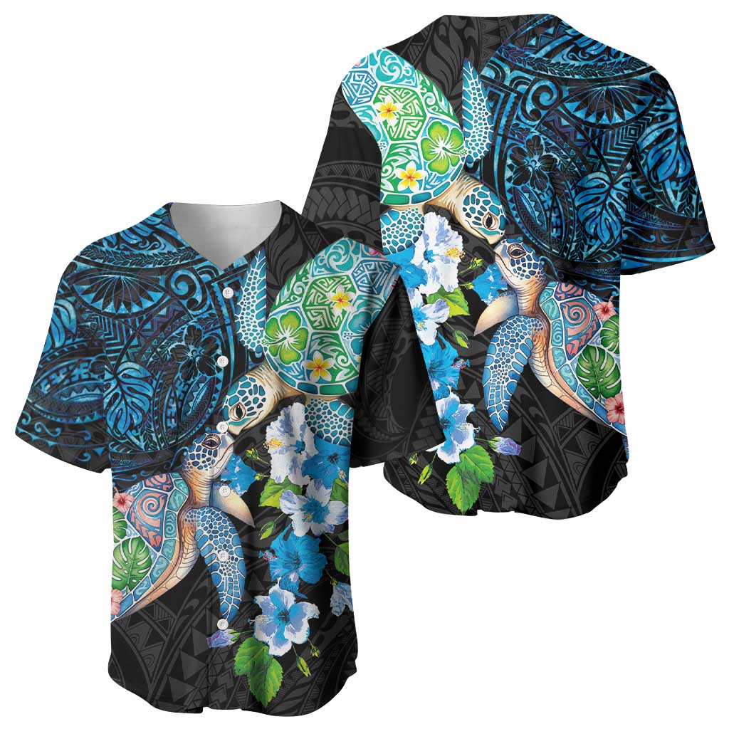 Hawaiian Couple Turtles Honi Baseball Jersey Polynesian Art Motifs and Hibiscus Black Blue Color LT03 - Polynesian Pride