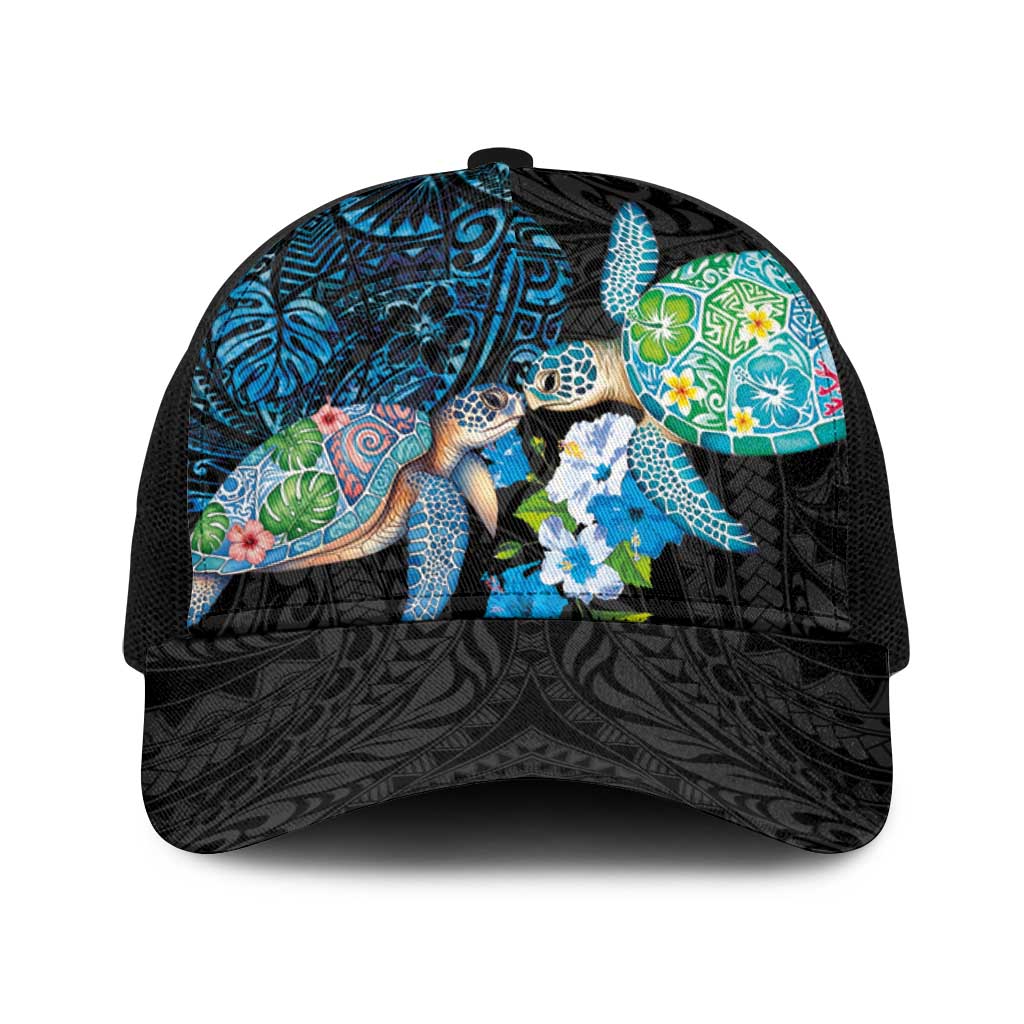 Hawaiian Couple Turtles Honi Baseball Net Cap Polynesian Art Motifs and Hibiscus Black Blue Color - Polynesian Pride
