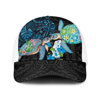Hawaiian Couple Turtles Honi Baseball Net Cap Polynesian Art Motifs and Hibiscus Black Blue Color LT03 One Size White Black - Polynesian Pride