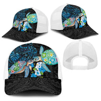 Hawaiian Couple Turtles Honi Baseball Net Cap Polynesian Art Motifs and Hibiscus Black Blue Color LT03 - Polynesian Pride