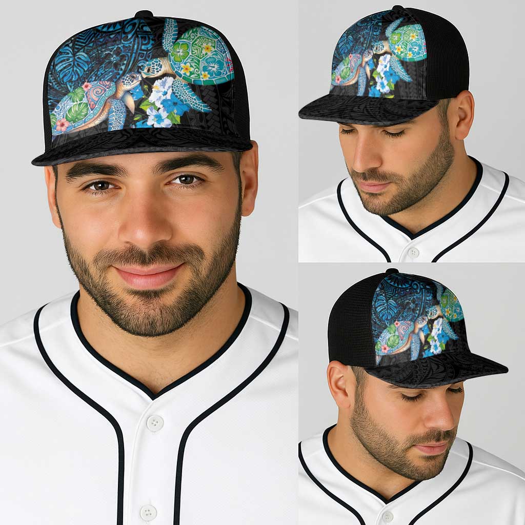 Hawaiian Couple Turtles Honi Baseball Net Cap Polynesian Art Motifs and Hibiscus Black Blue Color LT03 - Polynesian Pride