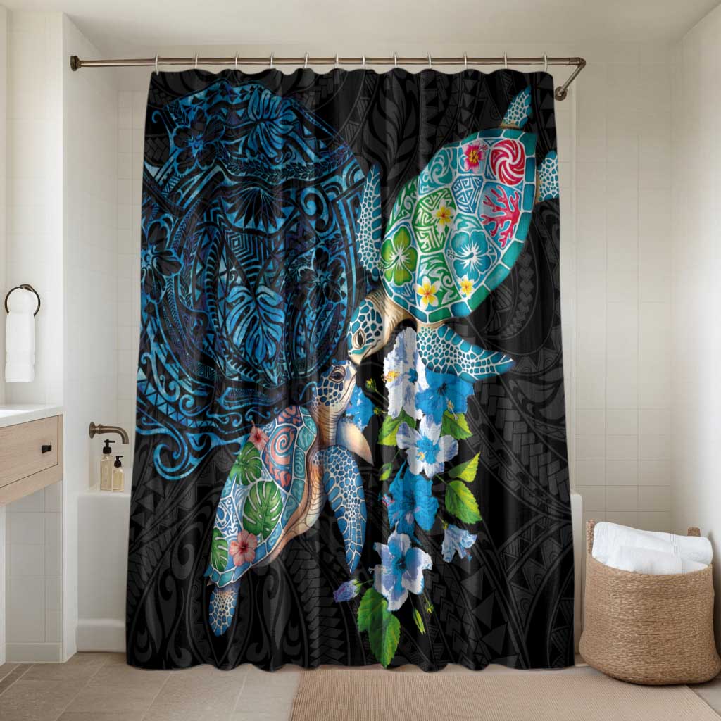 Hawaiian Couple Turtles Honi Bathroom Set Polynesian Art Motifs and Hibiscus Black Blue Color LT03 Shower Curtain Only Black - Polynesian Pride