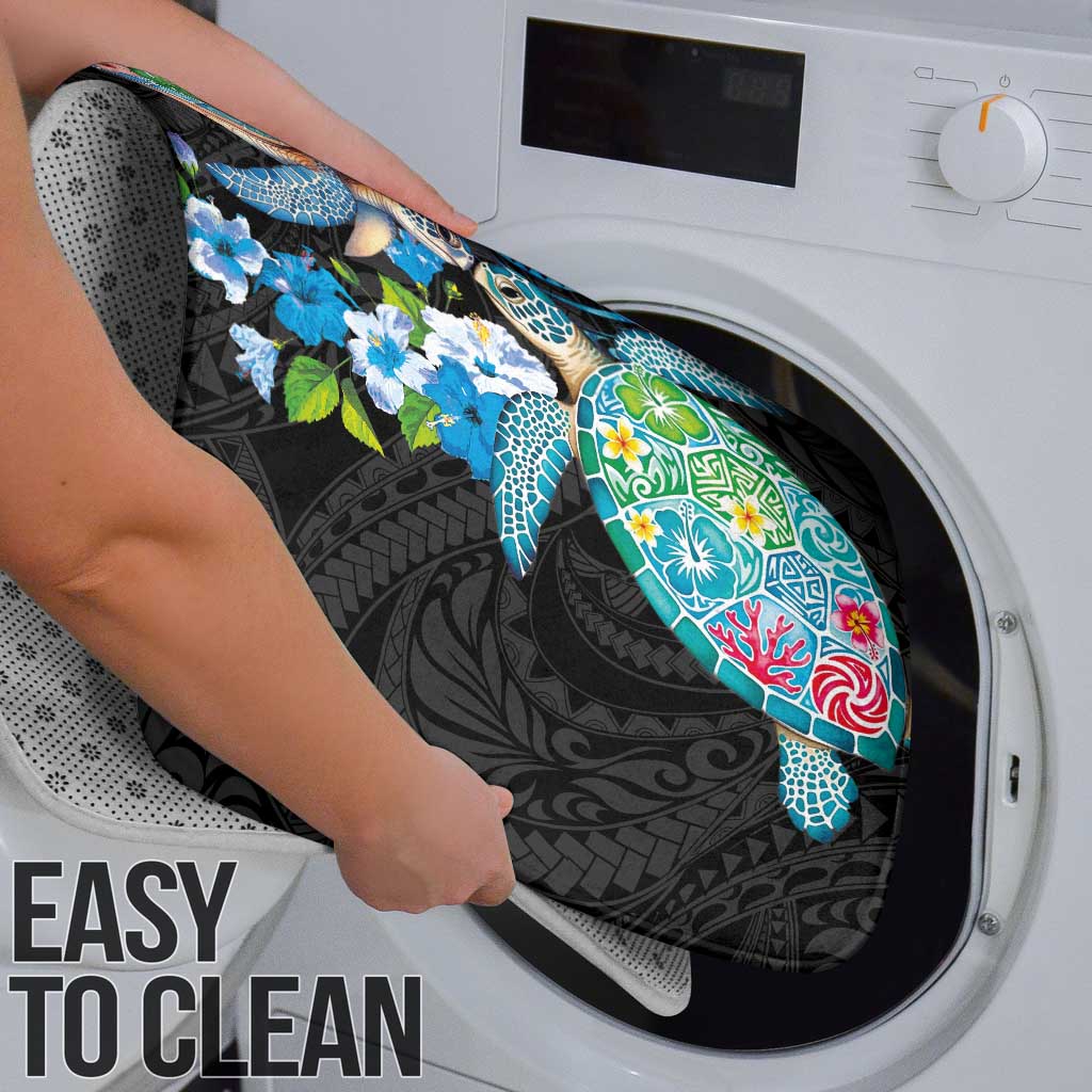 Hawaiian Couple Turtles Honi Bathroom Set Polynesian Art Motifs and Hibiscus Black Blue Color LT03 - Polynesian Pride