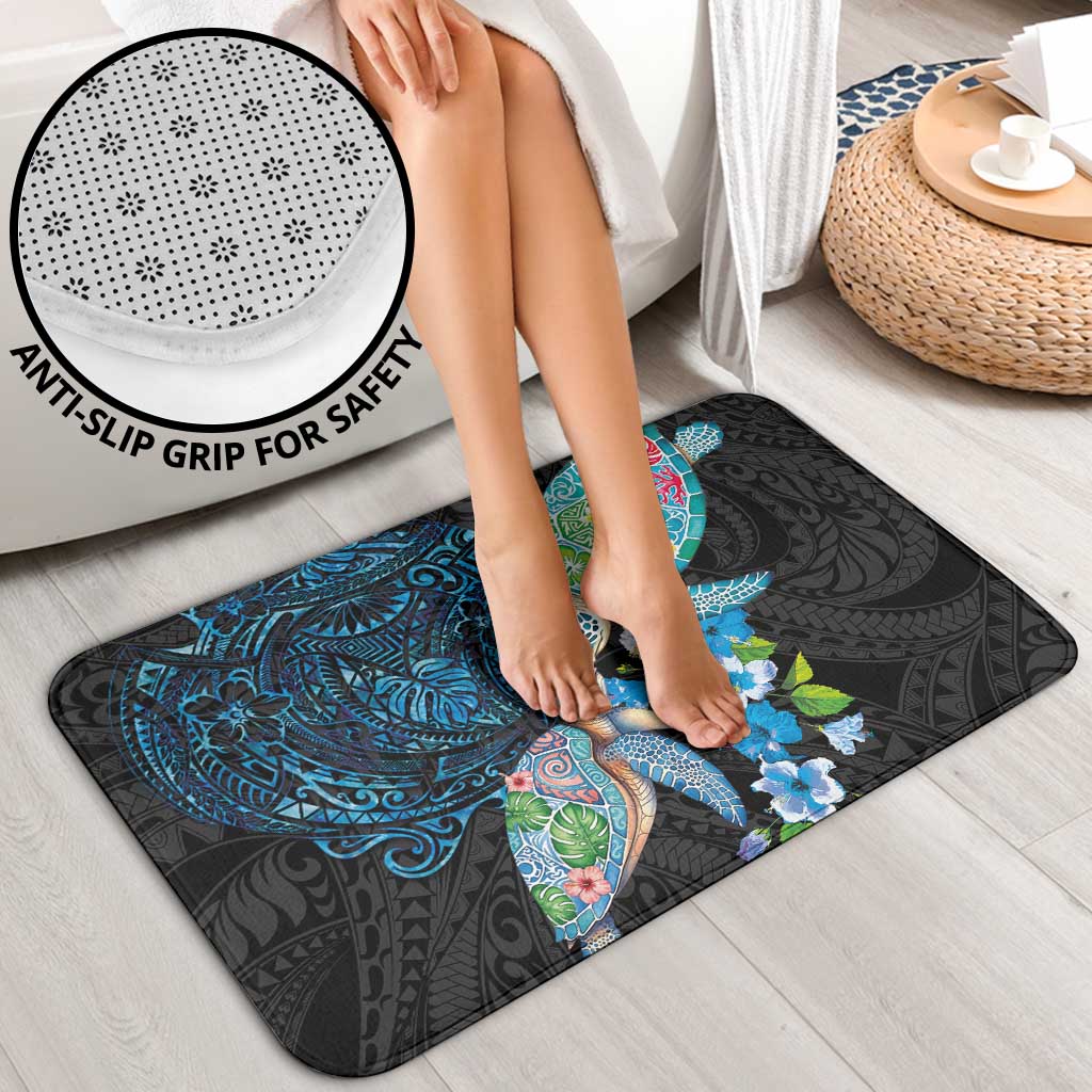 Hawaiian Couple Turtles Honi Bathroom Set Polynesian Art Motifs and Hibiscus Black Blue Color LT03 - Polynesian Pride