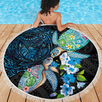 Hawaiian Couple Turtles Honi Beach Blanket Polynesian Art Motifs and Hibiscus Black Blue Color LT03 - Polynesian Pride