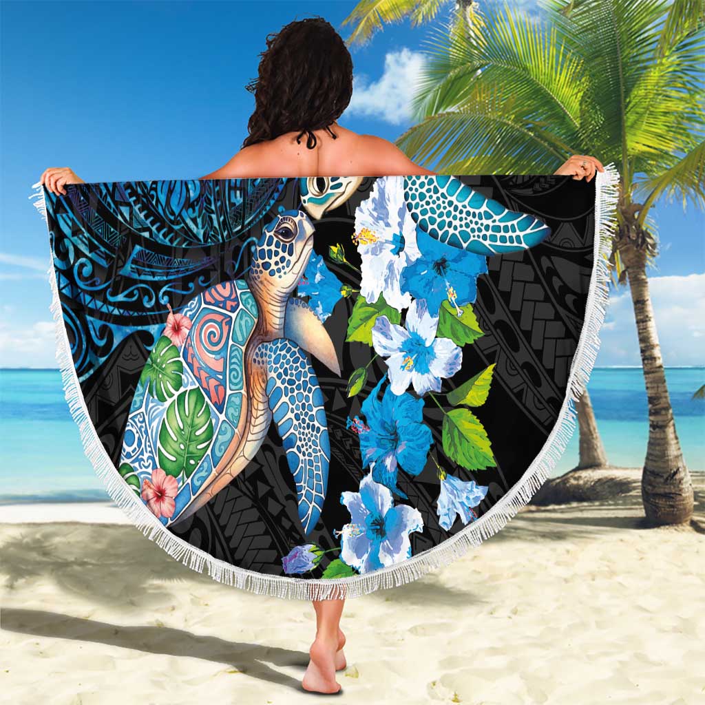 Hawaiian Couple Turtles Honi Beach Blanket Polynesian Art Motifs and Hibiscus Black Blue Color LT03 - Polynesian Pride