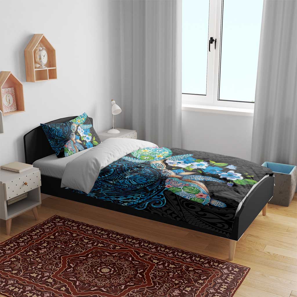 Hawaiian Couple Turtles Honi Bedding Set Polynesian Art Motifs and Hibiscus Black Blue Color - Polynesian Pride