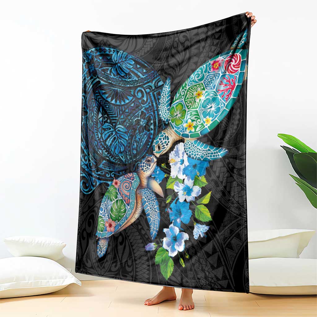 Hawaiian Couple Turtles Honi Blanket Polynesian Art Motifs and Hibiscus Black Blue Color LT03 - Polynesian Pride