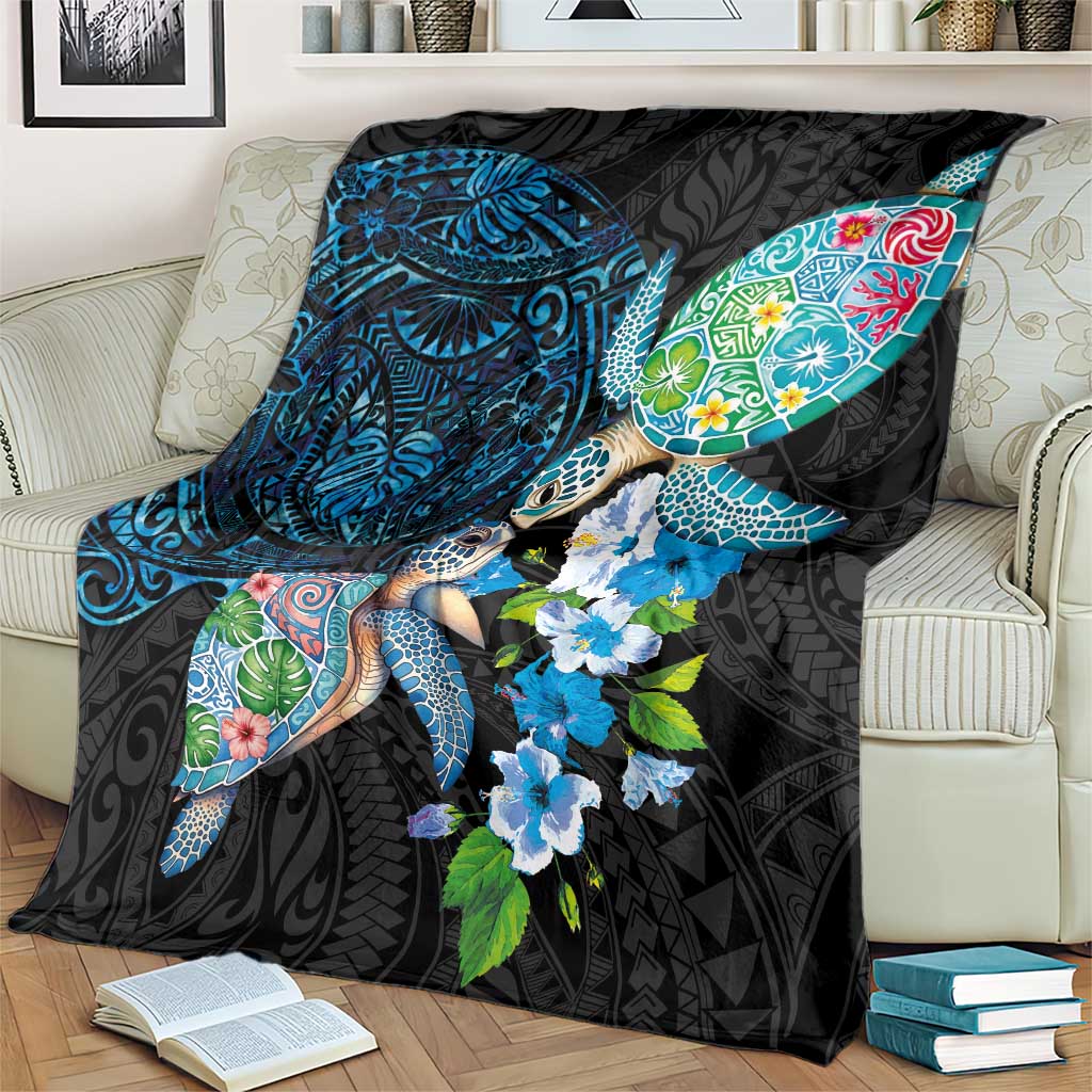 Hawaiian Couple Turtles Honi Blanket Polynesian Art Motifs and Hibiscus Black Blue Color LT03 - Polynesian Pride