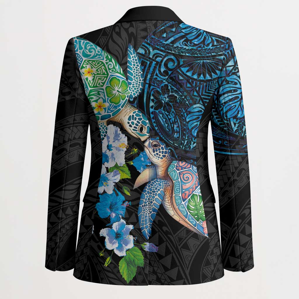 Hawaiian Couple Turtles Honi Blazer Polynesian Art Motifs and Hibiscus Black Blue Color LT03 - Polynesian Pride
