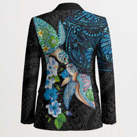 Hawaiian Couple Turtles Honi Blazer Polynesian Art Motifs and Hibiscus Black Blue Color LT03 - Polynesian Pride