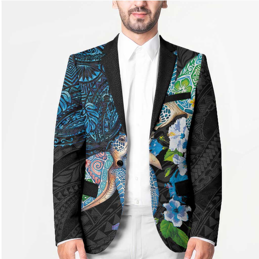 Hawaiian Couple Turtles Honi Blazer Polynesian Art Motifs and Hibiscus Black Blue Color LT03 - Polynesian Pride