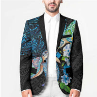Hawaiian Couple Turtles Honi Blazer Polynesian Art Motifs and Hibiscus Black Blue Color LT03 - Polynesian Pride