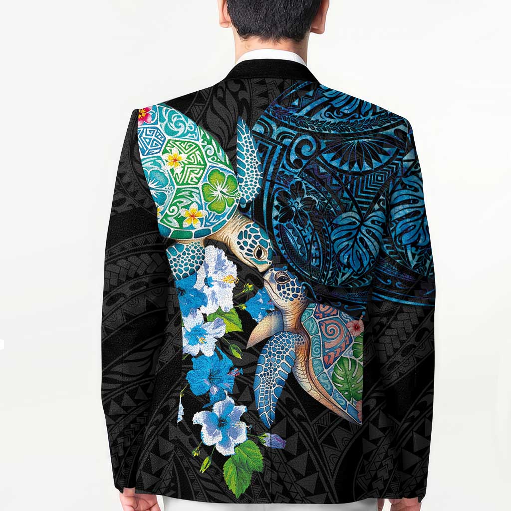 Hawaiian Couple Turtles Honi Blazer Polynesian Art Motifs and Hibiscus Black Blue Color LT03 - Polynesian Pride