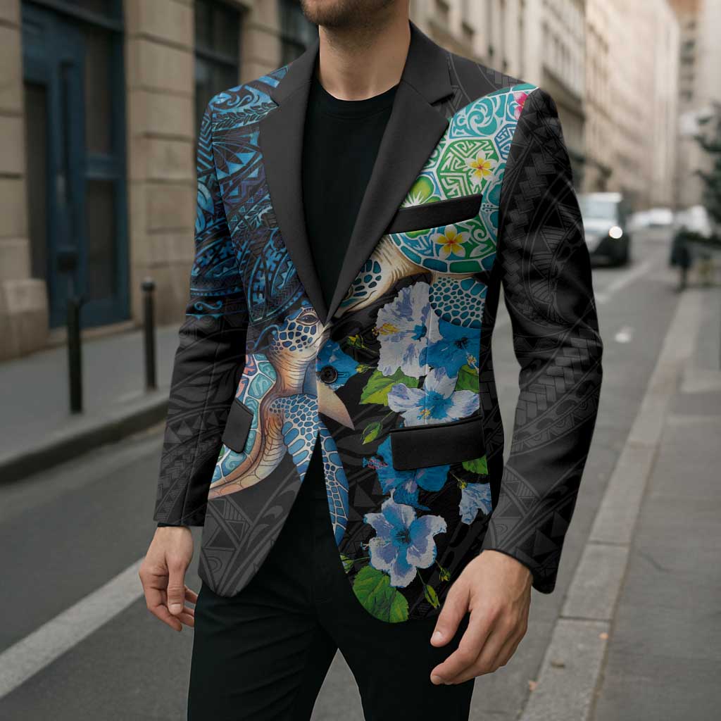 Hawaiian Couple Turtles Honi Blazer Polynesian Art Motifs and Hibiscus Black Blue Color LT03 - Polynesian Pride