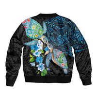 Hawaiian Couple Turtles Honi Bomber Jacket Polynesian Art Motifs and Hibiscus Black Blue Color LT03 - Polynesian Pride