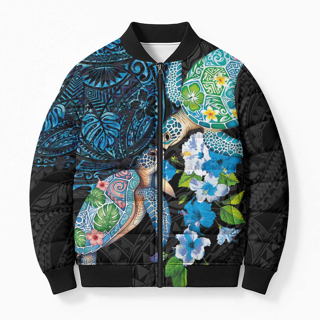 Hawaiian Couple Turtles Honi Bomber Puffer Jacket Polynesian Art Motifs and Hibiscus Black Blue Color LT03 Unisex Black - Polynesian Pride