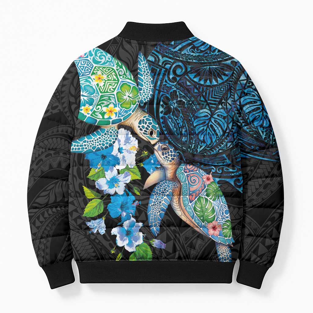 Hawaiian Couple Turtles Honi Bomber Puffer Jacket Polynesian Art Motifs and Hibiscus Black Blue Color LT03 - Polynesian Pride
