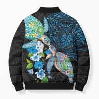 Hawaiian Couple Turtles Honi Bomber Puffer Jacket Polynesian Art Motifs and Hibiscus Black Blue Color LT03 - Polynesian Pride