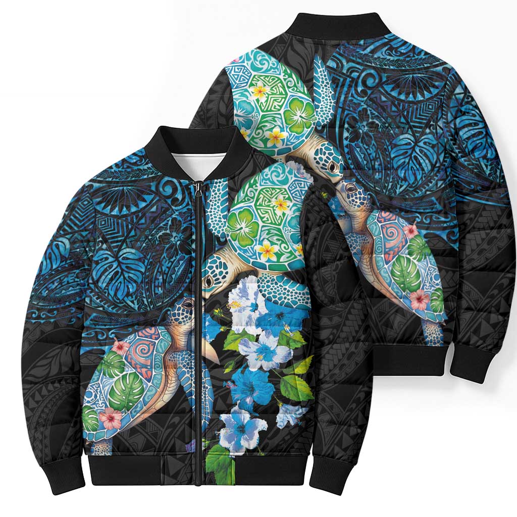 Hawaiian Couple Turtles Honi Bomber Puffer Jacket Polynesian Art Motifs and Hibiscus Black Blue Color LT03 - Polynesian Pride