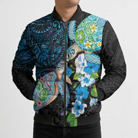 Hawaiian Couple Turtles Honi Bomber Puffer Jacket Polynesian Art Motifs and Hibiscus Black Blue Color LT03 - Polynesian Pride