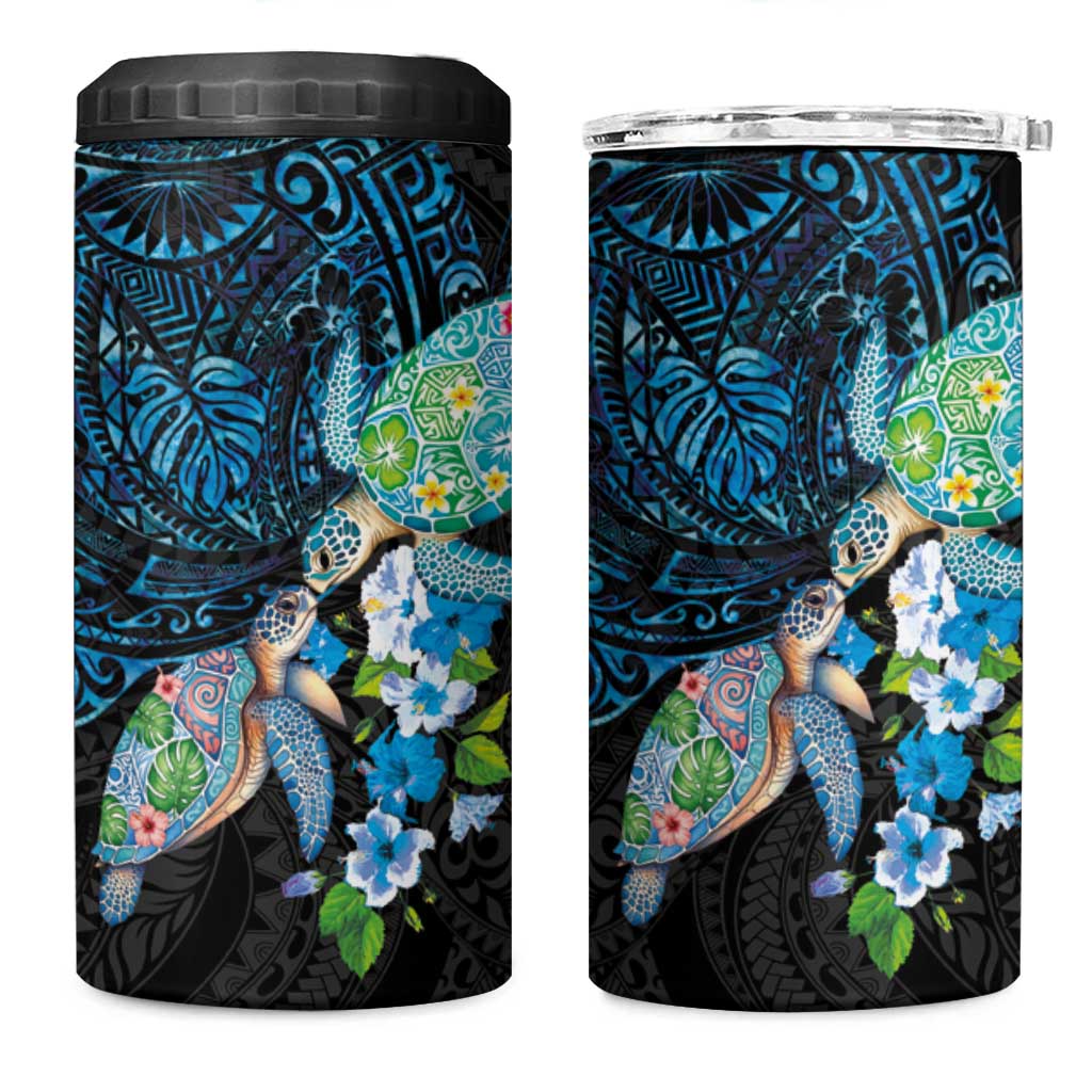 Hawaiian Couple Turtles Honi 4 in 1 Can Cooler Tumbler Polynesian Art Motifs and Hibiscus Black Blue Color LT03 One Size: 16 oz Black - Polynesian Pride