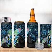 Hawaiian Couple Turtles Honi 4 in 1 Can Cooler Tumbler Polynesian Art Motifs and Hibiscus Black Blue Color LT03 - Polynesian Pride