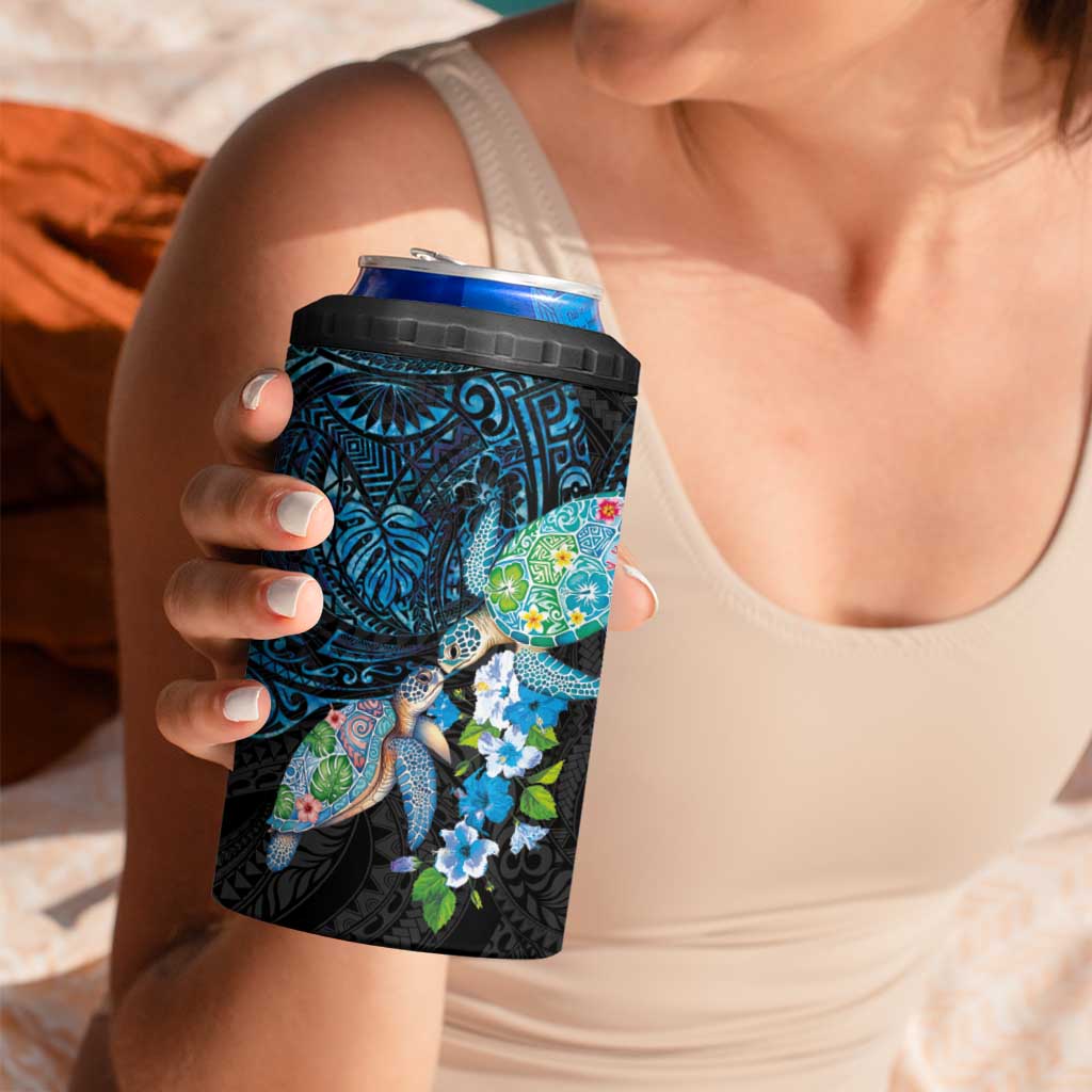 Hawaiian Couple Turtles Honi 4 in 1 Can Cooler Tumbler Polynesian Art Motifs and Hibiscus Black Blue Color LT03 - Polynesian Pride