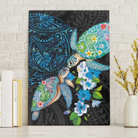 Hawaiian Couple Turtles Honi Canvas Wall Art Polynesian Art Motifs and Hibiscus Black Blue Color LT03 Without Frame Black - Polynesian Pride