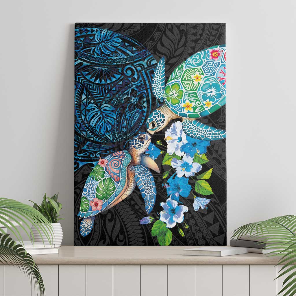 Hawaiian Couple Turtles Honi Canvas Wall Art Polynesian Art Motifs and Hibiscus Black Blue Color LT03 - Polynesian Pride