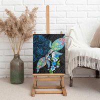 Hawaiian Couple Turtles Honi Canvas Wall Art Polynesian Art Motifs and Hibiscus Black Blue Color LT03 - Polynesian Pride