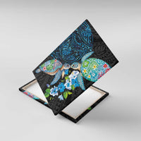 Hawaiian Couple Turtles Honi Canvas Wall Art Polynesian Art Motifs and Hibiscus Black Blue Color LT03 With Frame Black - Polynesian Pride