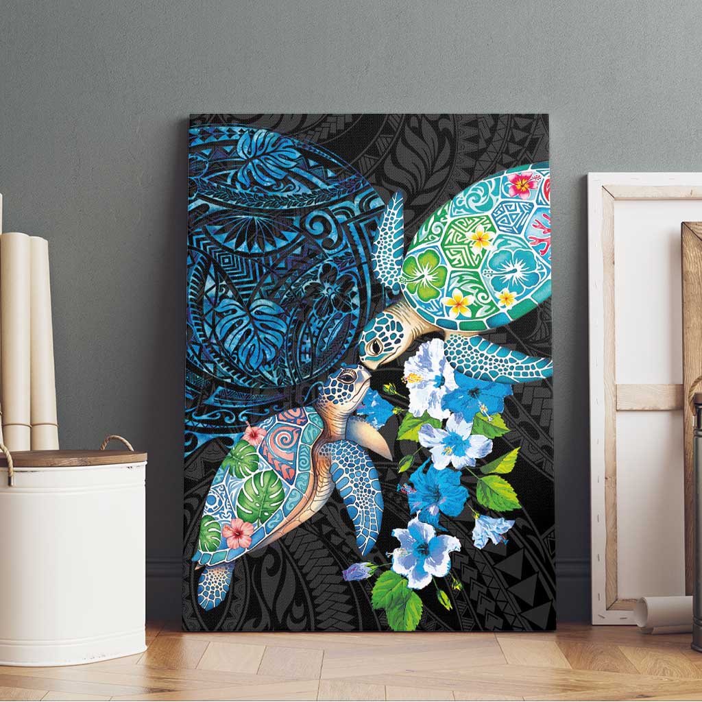 Hawaiian Couple Turtles Honi Canvas Wall Art Polynesian Art Motifs and Hibiscus Black Blue Color LT03 - Polynesian Pride