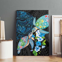 Hawaiian Couple Turtles Honi Canvas Wall Art Polynesian Art Motifs and Hibiscus Black Blue Color LT03 - Polynesian Pride