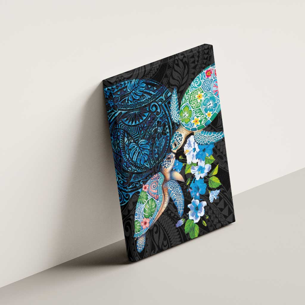 Hawaiian Couple Turtles Honi Canvas Wall Art Polynesian Art Motifs and Hibiscus Black Blue Color LT03 - Polynesian Pride