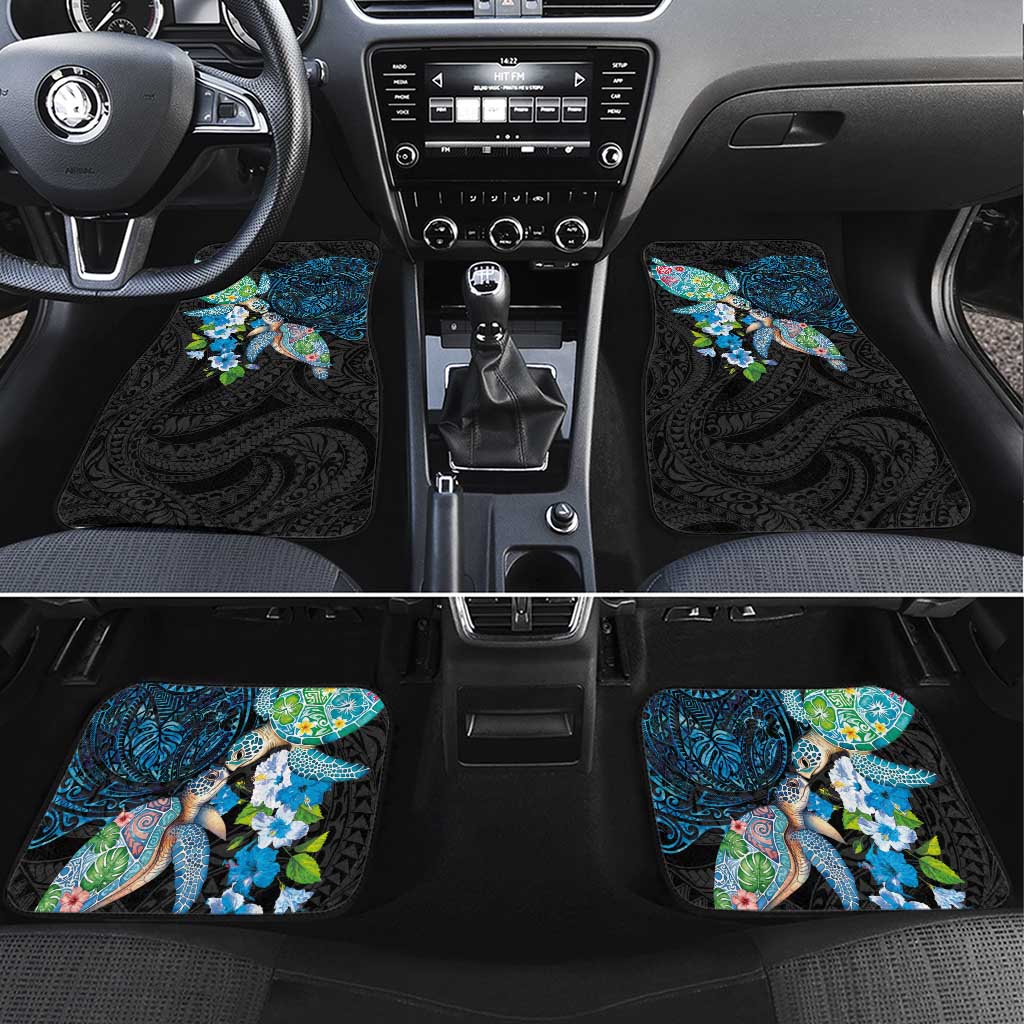 Hawaiian Couple Turtles Honi Car Mats Polynesian Art Motifs and Hibiscus Black Blue Color LT03 Set 4pcs Black - Polynesian Pride