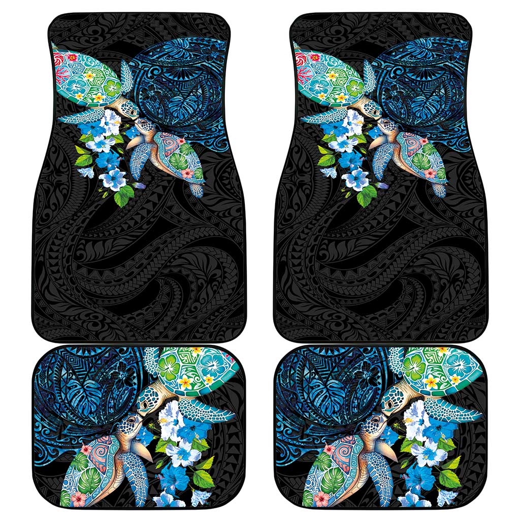 Hawaiian Couple Turtles Honi Car Mats Polynesian Art Motifs and Hibiscus Black Blue Color LT03 - Polynesian Pride