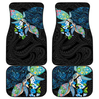 Hawaiian Couple Turtles Honi Car Mats Polynesian Art Motifs and Hibiscus Black Blue Color LT03 - Polynesian Pride