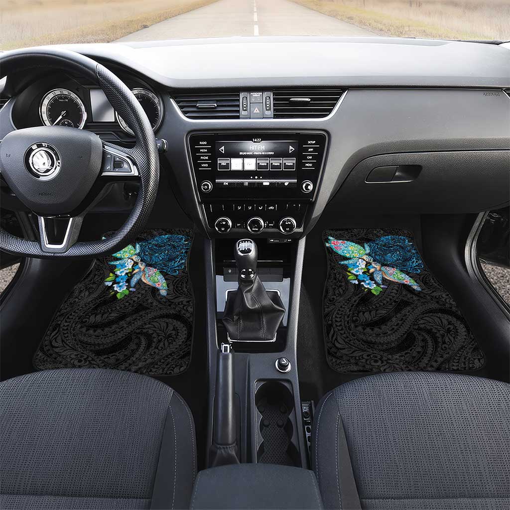 Hawaiian Couple Turtles Honi Car Mats Polynesian Art Motifs and Hibiscus Black Blue Color LT03 Set 2pcs - Front Black - Polynesian Pride