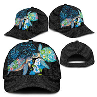 Hawaiian Couple Turtles Honi Classic Cap Polynesian Art Motifs and Hibiscus Black Blue Color LT03 - Polynesian Pride