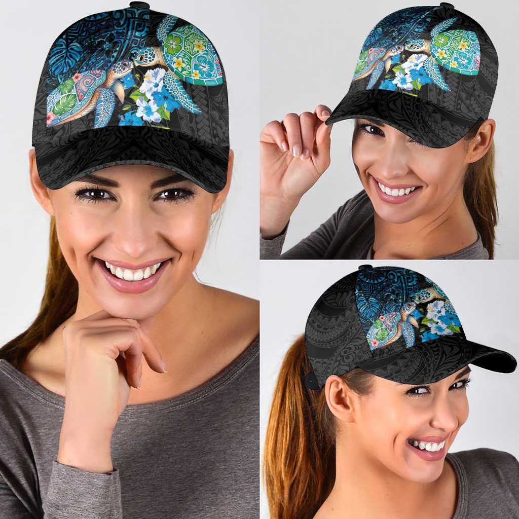 Hawaiian Couple Turtles Honi Classic Cap Polynesian Art Motifs and Hibiscus Black Blue Color LT03 - Polynesian Pride