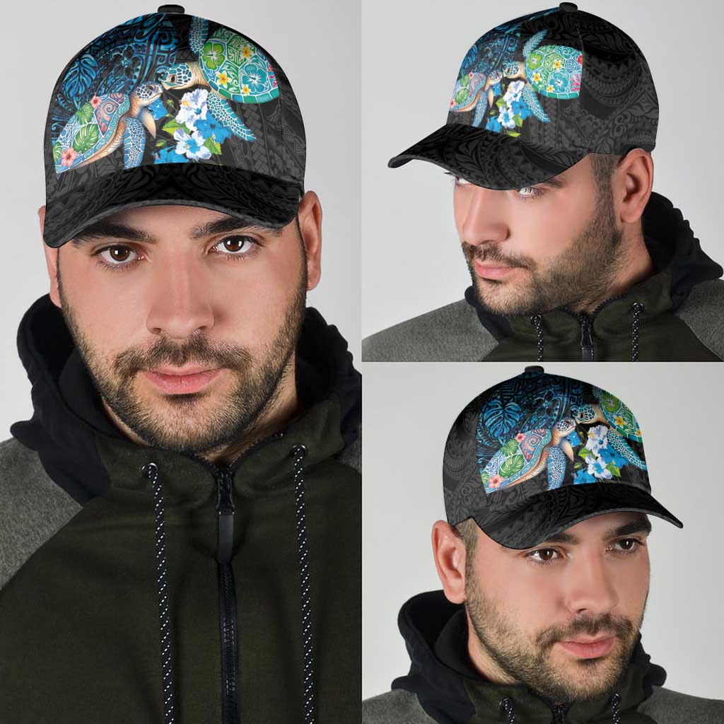 Hawaiian Couple Turtles Honi Classic Cap Polynesian Art Motifs and Hibiscus Black Blue Color LT03 - Polynesian Pride