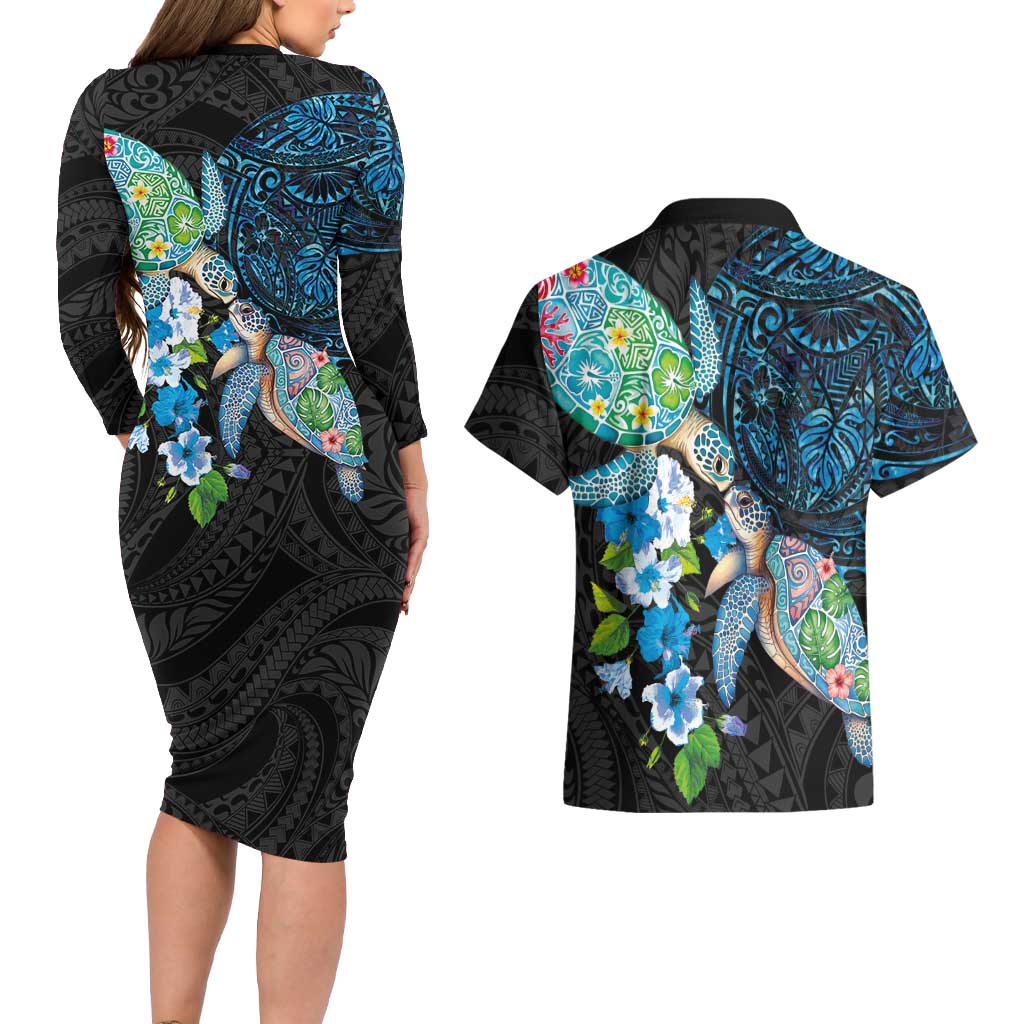 Hawaiian Couple Turtles Honi Couples Matching Long Sleeve Bodycon Dress and Hawaiian Shirt Polynesian Art Motifs and Hibiscus Black Blue Color LT03 - Polynesian Pride