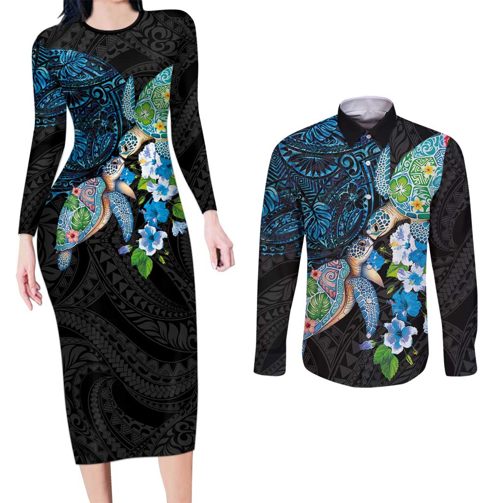 Hawaiian Couple Turtles Honi Couples Matching Long Sleeve Bodycon Dress and Long Sleeve Button Shirt Polynesian Art Motifs and Hibiscus Black Blue Color LT03 Black - Polynesian Pride
