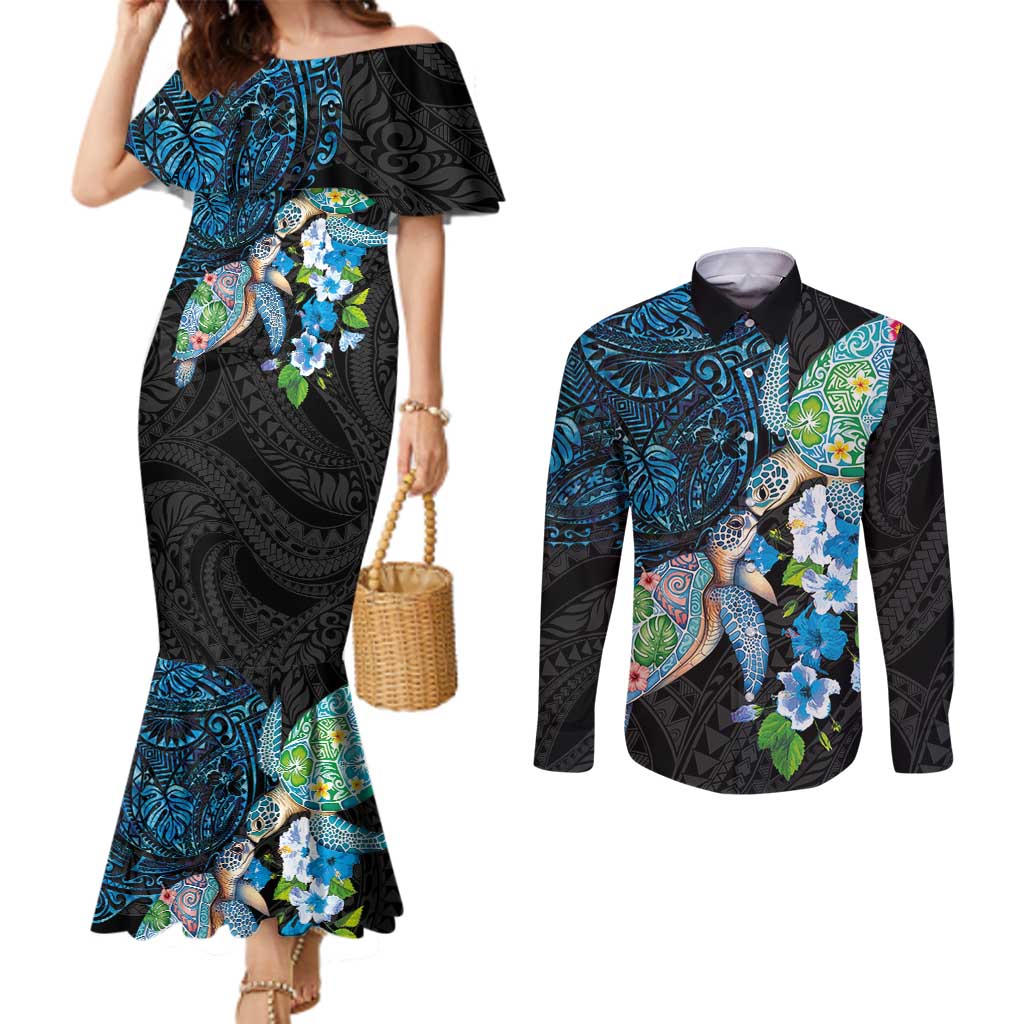 Hawaiian Couple Turtles Honi Couples Matching Mermaid Dress and Long Sleeve Button Shirt Polynesian Art Motifs and Hibiscus Black Blue Color LT03 Black - Polynesian Pride