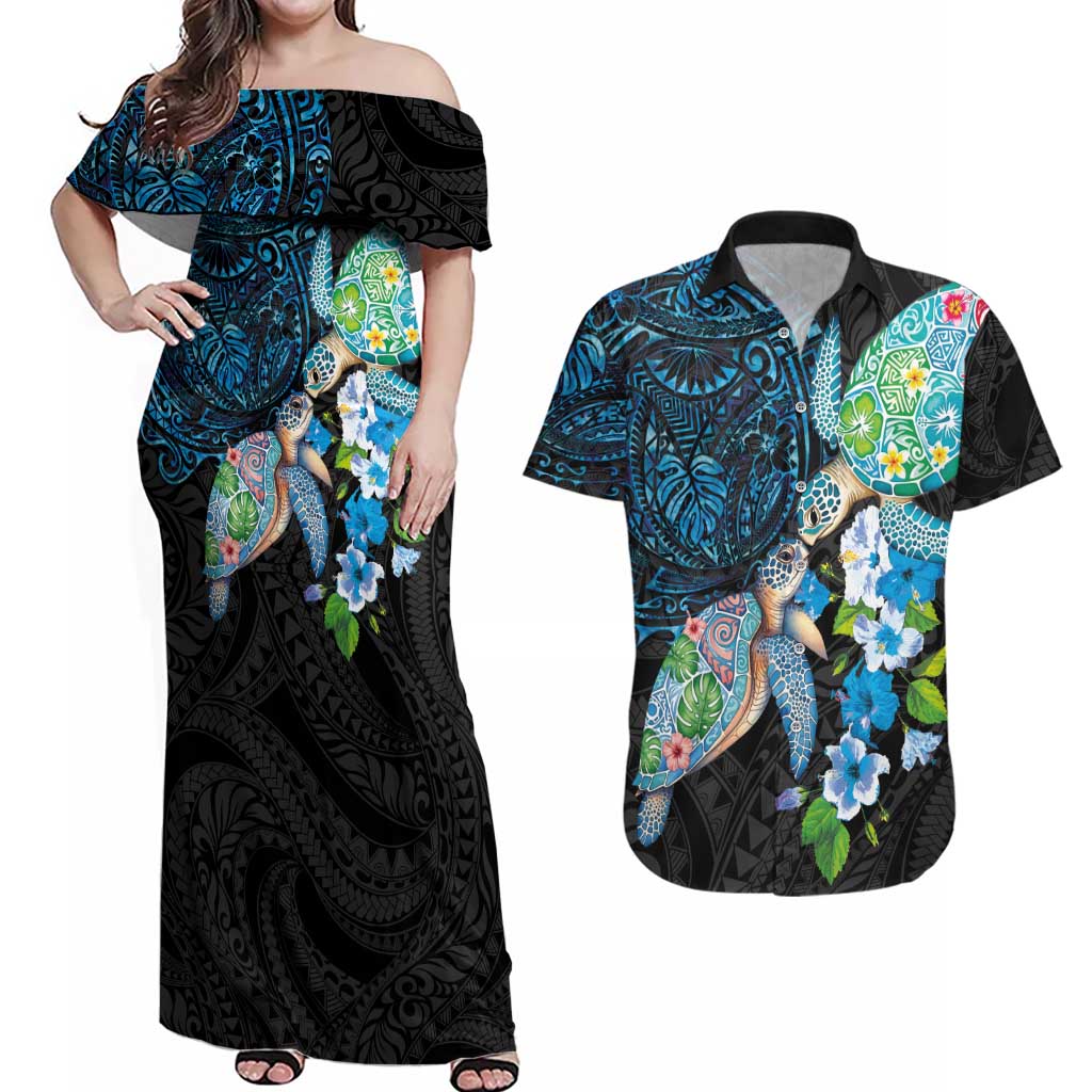 Hawaiian Couple Turtles Honi Couples Matching Off Shoulder Maxi Dress and Hawaiian Shirt Polynesian Art Motifs and Hibiscus Black Blue Color LT03 Black - Polynesian Pride