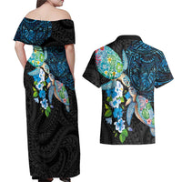 Hawaiian Couple Turtles Honi Couples Matching Off Shoulder Maxi Dress and Hawaiian Shirt Polynesian Art Motifs and Hibiscus Black Blue Color LT03 - Polynesian Pride