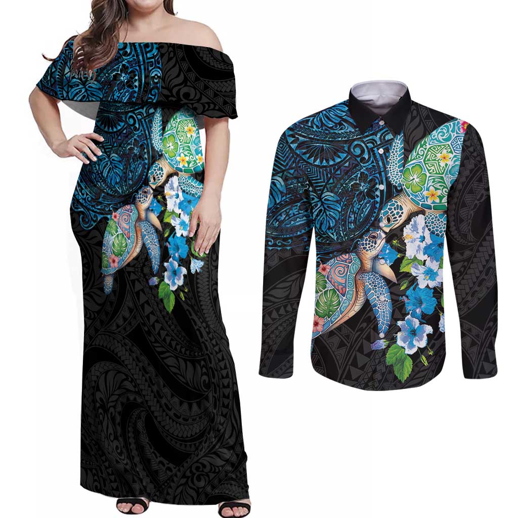 Hawaiian Couple Turtles Honi Couples Matching Off Shoulder Maxi Dress and Long Sleeve Button Shirt Polynesian Art Motifs and Hibiscus Black Blue Color LT03 Black - Polynesian Pride