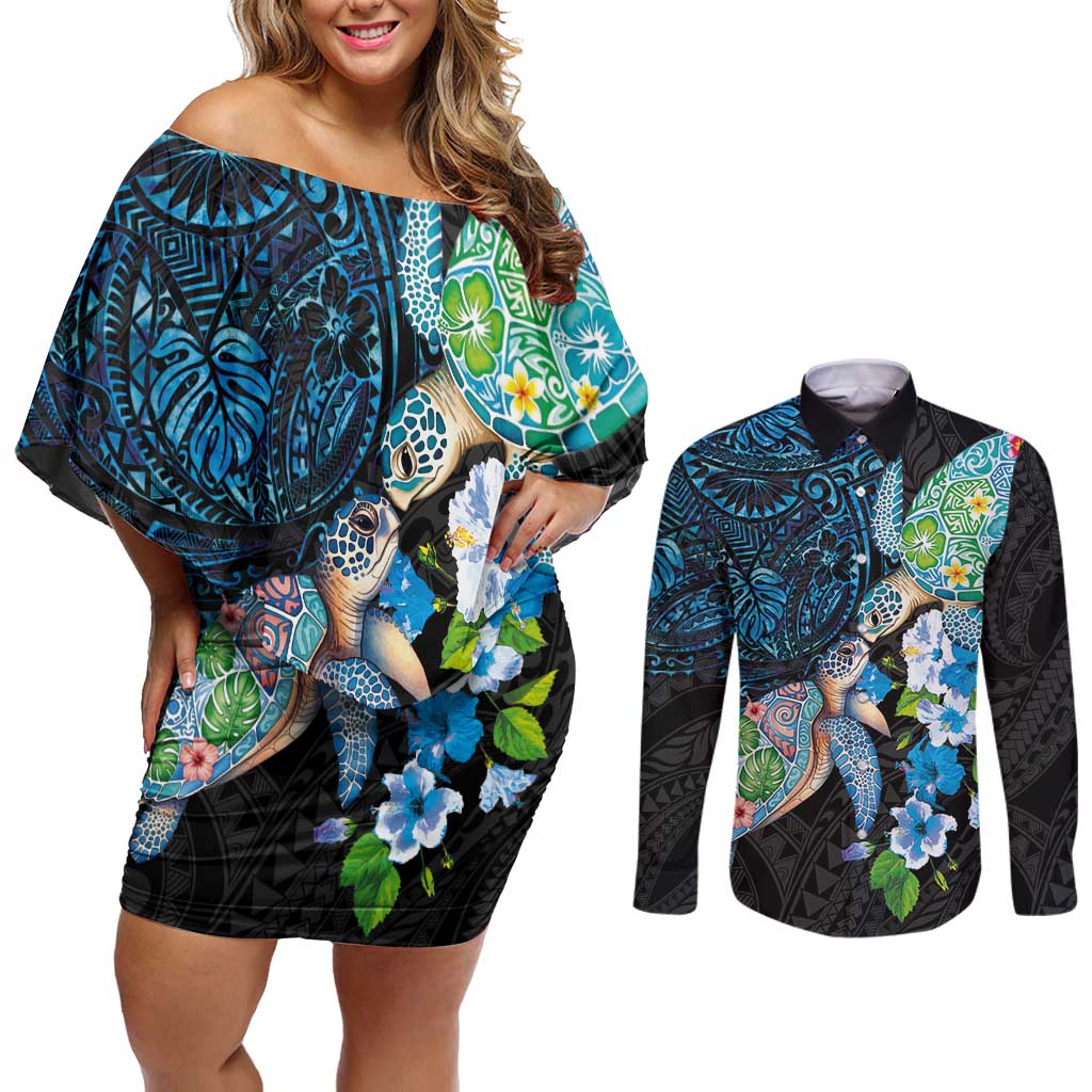 Hawaiian Couple Turtles Honi Couples Matching Off Shoulder Short Dress and Long Sleeve Button Shirt Polynesian Art Motifs and Hibiscus Black Blue Color LT03 Black - Polynesian Pride